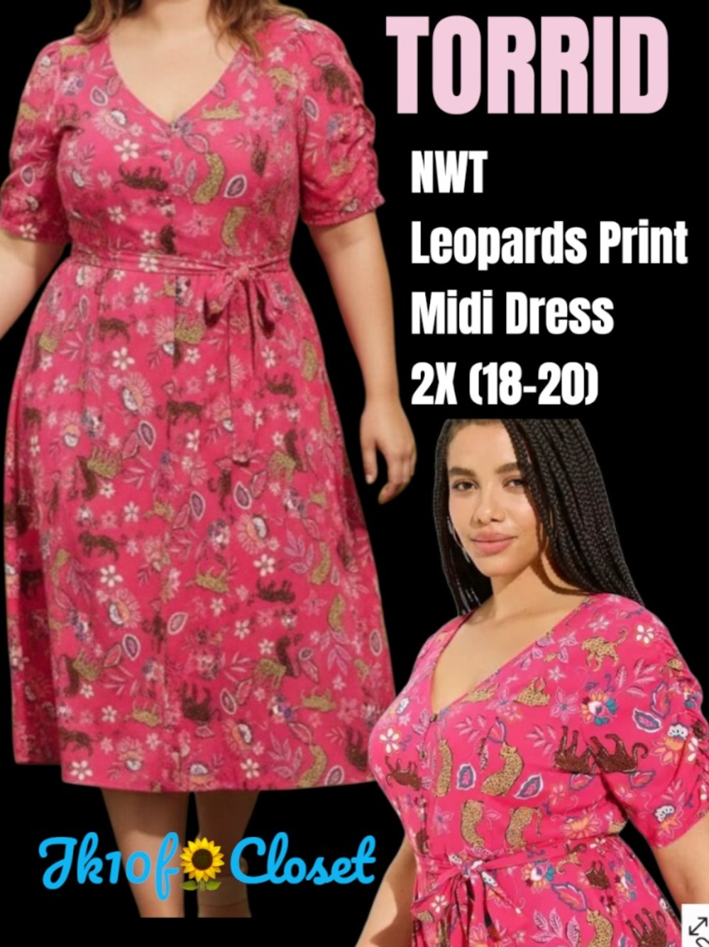 LOWEST PRICE🌺 TORRID 2X HOT PINK LEOPARDS & FLORALS w/ POCKETS MIDI DRESS